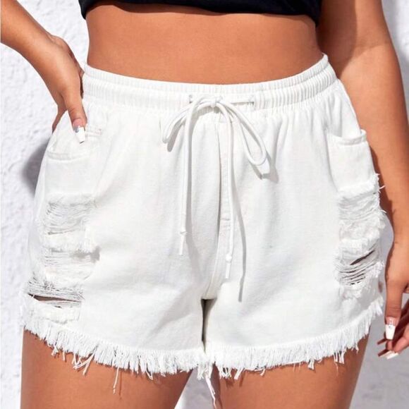 SHEIN EZwear Plus Drawstring Waist Ripped Raw Cut Denim Shorts - Picture 3 of 8